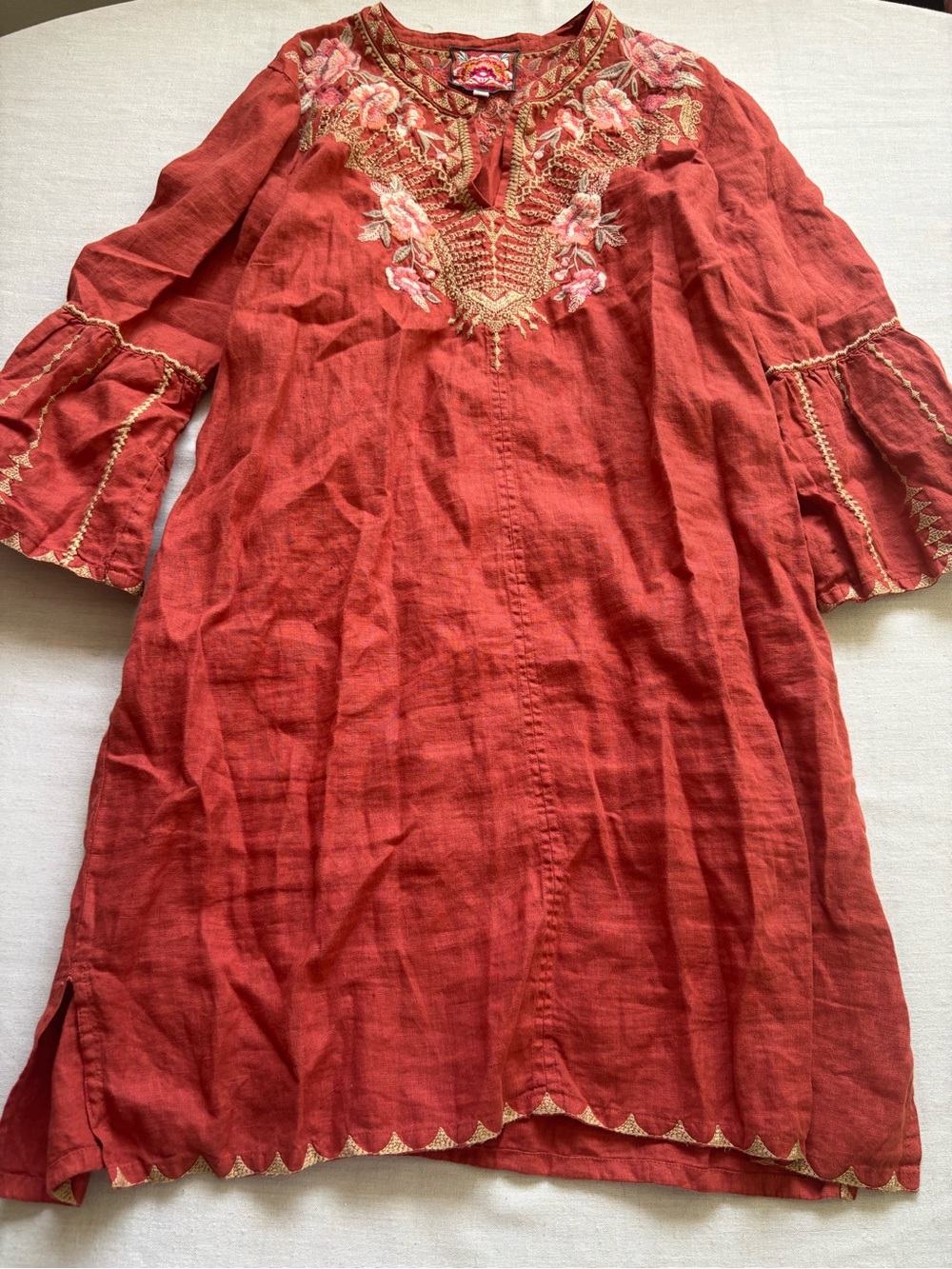 Johnny Was Red 100% Linen Embroidered Boho Tunic Mini Dress Size L